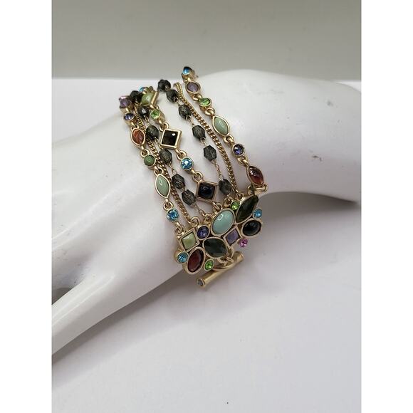 Multicolor Glass Cabochon Multi Strand Toggle Bracelet Gold Tone 7.5 Inch - Picture 10 of 10